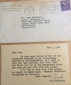 1947 Postcard from Heinlein to Tom (unknown), from the collection of Allison Phillips. Photo by Margaret Trebing